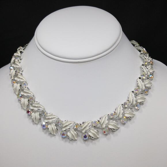 White Enamel Aurora Borealis Necklace & Earrings, Rhodium Plated, Wedding - Picture 4 of 10